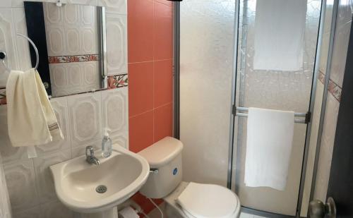 W łazience znajduje się toaleta, umywalka i prysznic. w obiekcie Apartamento amoblado w mieście Sincelejo