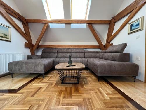 a living room with a couch and a table at La Luna Rustic Deluxe Apartment with Free Jacuzzi, Bikes & Covered Parking in Našice