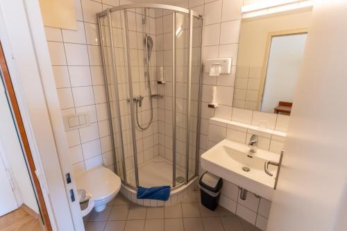 a bathroom with a shower and a sink and a toilet at Gästehaus im Priesterseminar Salzburg in Salzburg