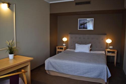 a bedroom with a bed with two tables and two lamps at Vila Camino in Satu Mare
