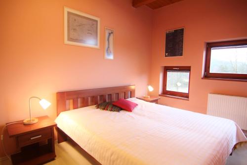 a bedroom with a white bed and two windows at Apartmány DOKY Holiday in Lipno nad Vltavou