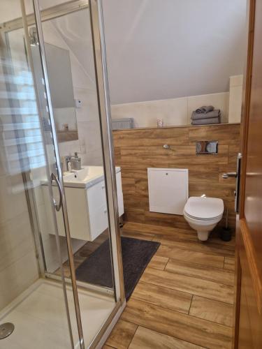 a bathroom with a toilet and a sink and a shower at Kukurooms in Koniaków