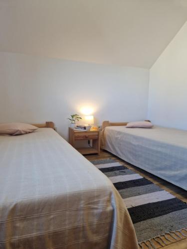 a room with two beds and a table with a lamp at Kukurooms in Koniaków