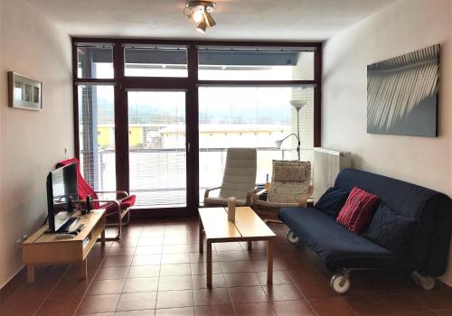 a living room with a couch and chairs and a tv at Apartmány DOKY Holiday in Lipno nad Vltavou