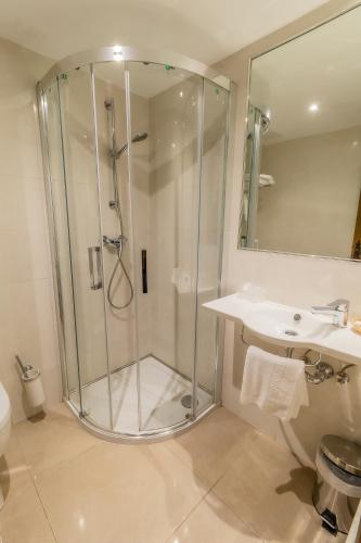 a bathroom with a shower and a sink at Hostal Santo Domingo de Silos in Santo Domingo de Silos