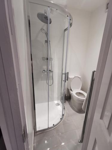 a bathroom with a shower and a toilet at Studio self contained double bedroom in London