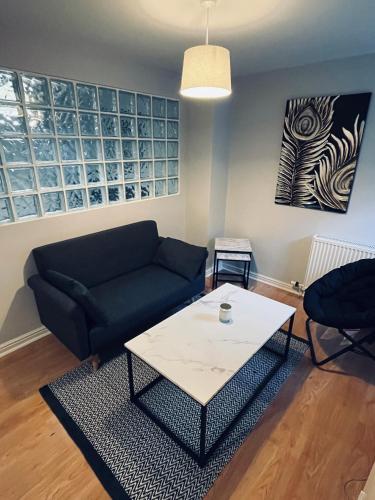a living room with a couch and a table at Cosy studio flat in Montrose