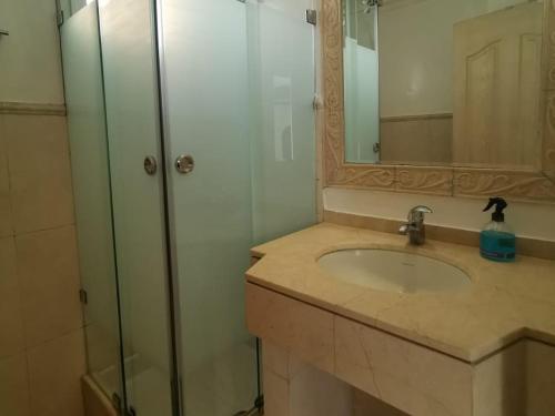 Un baño con lavabo y ducha de cristal. en Dior D'Anfa, en Casablanca