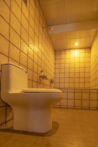 a bathroom with a toilet and a tiled wall at Hotel SRM Grandeurs in Tudiyalūr