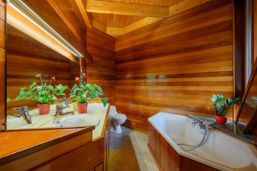 een badkamer met 2 wastafels, een toilet en houten wanden bij Villa Bari-Barou in Charleville-Mézières