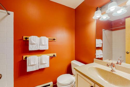 un bagno arancione con servizi igienici e lavandino di Kettle Brook I4 a Ludlow