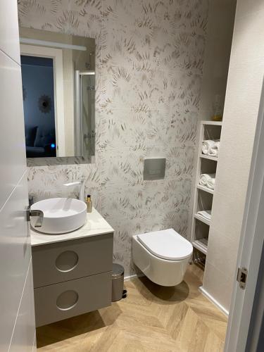 Un baño con inodoro, lavabo y espejo. en Apartamento Cielo del Norte VUT LE-933, en León