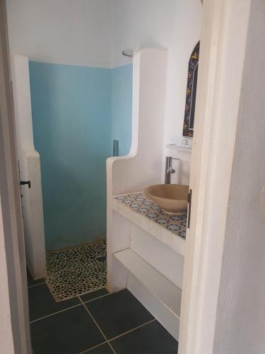 a small bathroom with a sink and a shower at Dar Chick Yahia Ile De Djerba in Mezrane