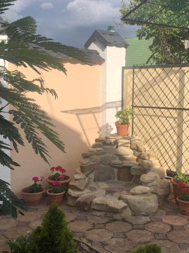 a garden with a stone path and potted plants at УЮТНЫЙ ДОМ ДЛЯ ОТДЫХА, город-Бендеры ,Приднестровье in Bender