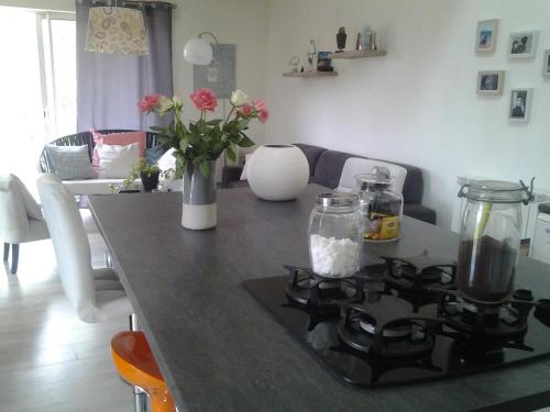 uma cozinha com um balcão com um fogão e flores em Maison de 2 chambres avec jardin amenage et wifi a Poitiers em Poitiers