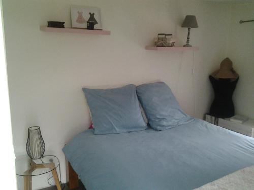 uma cama com almofadas azuis num quarto em Maison de 2 chambres avec jardin amenage et wifi a Poitiers em Poitiers