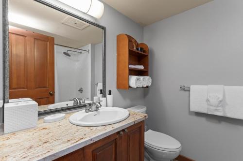 een badkamer met een wastafel, een toilet en een spiegel bij Powderhorn Lodge 209 in Solitude