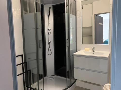 une salle de bain avec une douche en verre et un lavabo dans l'établissement Appartement cosy à 50 m de la plage à Bouzigues avec terrasse et parking privé. - FR-1-604-13, à Bouzigues