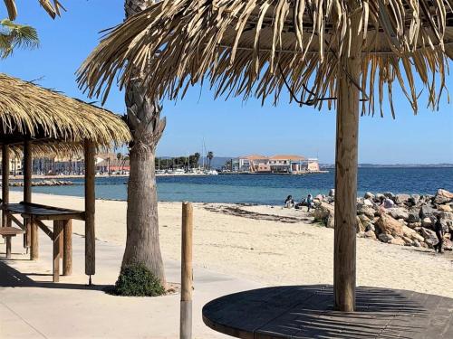 - une plage avec 2 arbres et un parasol dans l'établissement Studio confortable au cœur du port avec parking gratuit - FR-1-604-26, à Mèze