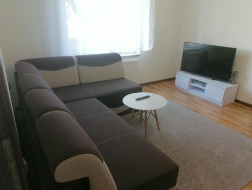 ein Wohnzimmer mit einem Sofa und einem TV in der Unterkunft mieszkanko w centrum Iławy in Iława
