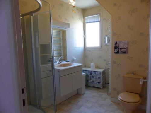 une salle de bain avec une douche, des toilettes et un lavabo dans l'établissement Maison cosy à Moulins : proche centre, cour fleurie, vélos, WiFi et draps fournis - FR-1-489-162, à Moulins