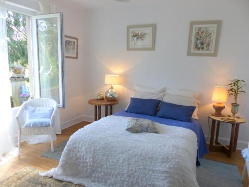 a bedroom with a bed with blue pillows and a window at Maison de campagne idéale pour familles, cavaliers, animaux acceptés, avec jardin clos et tout équipé. - FR-1-489-172 in Barrais-Bussolles
