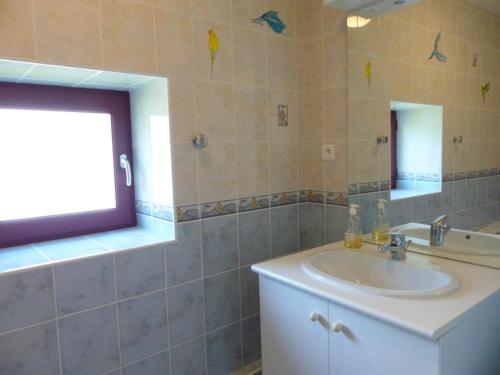 une salle de bain avec un lavabo et un miroir dans l'établissement Ancien moulin rénové, idéal pour familles : nature, jeux, pêche, proche de Vichy, tout confort inclus - FR-1-489-212, à Ferrières-sur-Sichon