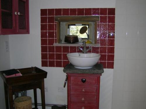 ein Badezimmer mit einem Waschbecken und einer rot gefliesten Wand in der Unterkunft Gîte Beaune-d'Allier, 4 pièces, 6 personnes - FR-1-489-246 in Beaune dʼAllier