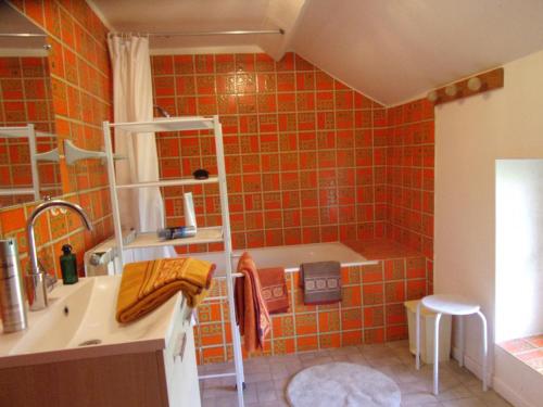 an orange tiled bathroom with a sink and a tub at Charmante fermette au vert près de la forêt de Tronçais, 2 chambres, animaux acceptés, linge inclus - FR-1-489-311 in Vieure