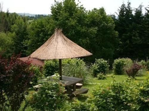 a picnic table with a straw umbrella in a garden at Chalet familial 5 pers. au vert avec terrasse en Auvergne - FR-1-489-323 in Échassières