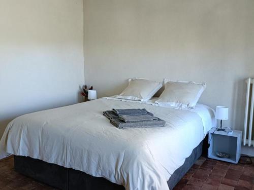sypialnia z białym łóżkiem i ręcznikami na nim w obiekcie Charmant gîte avec piscine partagée, terrasse et parking privé à deux pas de Moulins - FR-1-489-373 w mieście Neuvy