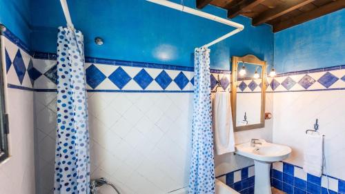 ein blaues Bad mit einer Dusche und einem Waschbecken in der Unterkunft Cortijo Coracho Osuna by Ruralidays in Saucejo