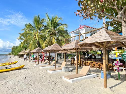 a beach with many umbrellas and chairs on it at Hotel Camino Verde in Tolú