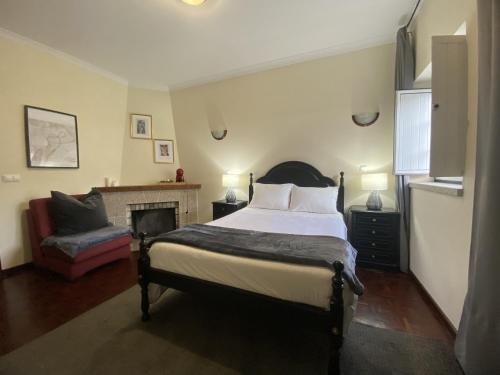a bedroom with a large bed and a fireplace at THE RIVER HOUSE - Termas Guesthouse in Termas de Sao Pedro do Sul