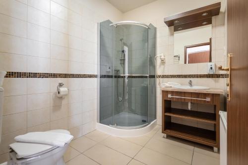 a bathroom with a shower and a toilet and a sink at Elit Boutique Rooms- Best Location by BQA in Budapest