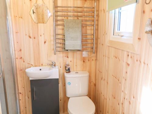a small bathroom with a toilet and a sink at Shepherds Retreat Glenlark in Omagh