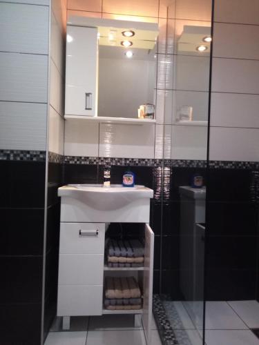 a bathroom with a white sink and a mirror at Happy House in Belgrade