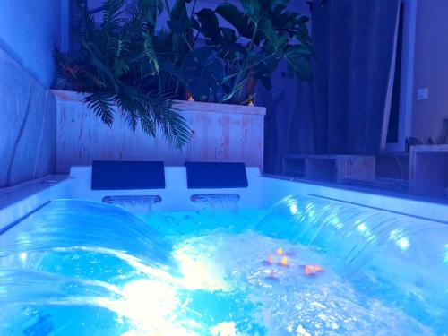 einen Innenwhirlpool mit Beleuchtung in einem Zimmer mit Pflanzen in der Unterkunft Studio Spa Vanadis LE BALNEO in Pacy-sur-Eure
