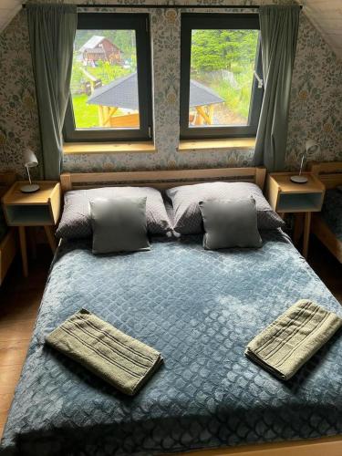 1 dormitorio con 1 cama grande y 2 bandejas. en MamChwilkeHome, en Istebna