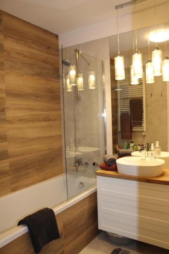W łazience znajduje się umywalka i prysznic. w obiekcie Apartament Villa Natura II w mieście Szczytno