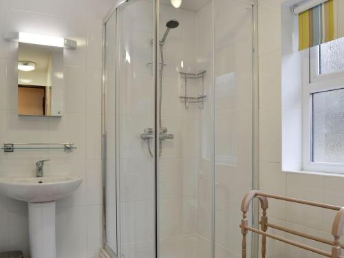 a bathroom with a shower and a sink at Penny Croft - Uk10449 in Llangeinor