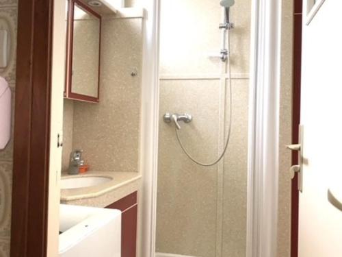 une salle de bain avec douche et lavabo dans l'établissement Studio Cosy 2* - Proche Thermes et Étang, Parking Inclus - FR-1-503-103, à Balaruc-les-Bains