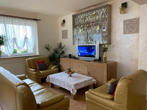 sala de estar con sillas, TV y mesa en Vila Thomas, en Sinaia
