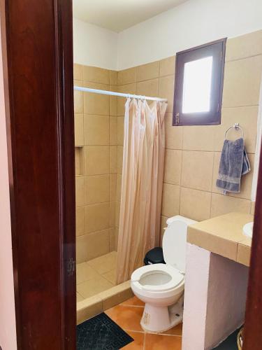 a bathroom with a toilet and a shower at Casa Ceiba/Dpto. entero cerca del Centro Histórico in Oaxaca City