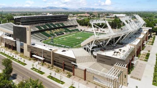 an aerial view of a football stadium with a football field at Family-friendly Home on Boyd Lake, Gorgeous Views! in Loveland