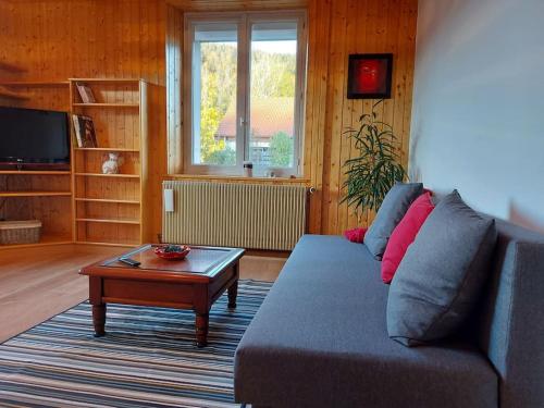 a living room with a couch and a coffee table at Bel appartement dans une ferme Vosgienne in Xonrupt-Longemer