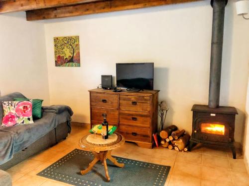 - un salon avec un canapé et un poêle à bois dans l'établissement Casa Lerryn, à Sertã