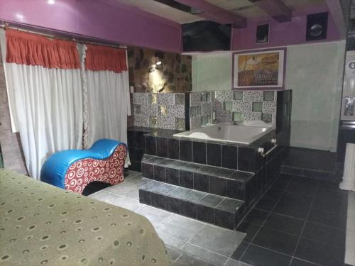 ein Badezimmer mit einer Badewanne und einem Stuhl in der Unterkunft HOTEL PARQUE en Merlo- Buenos Aires in Merlo