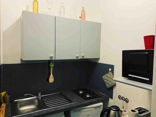 une cuisine avec une cuisinière, un évier et un micro-ondes dans l'établissement Le « Cosi » - Bien Être, à Paris