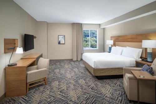 a large hotel room with a bed and a chair at Candlewood Suites - Asheville Downtown, an IHG Hotel in Asheville